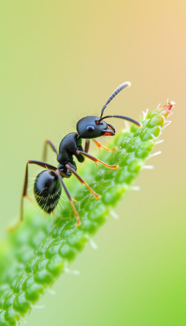 Macro Photo of Ant Holding Leaf in Hyperrealism