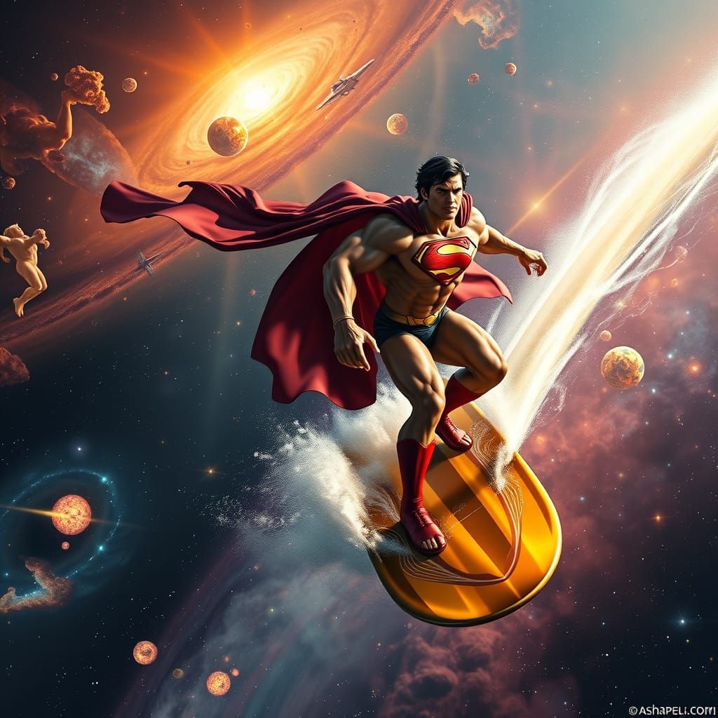 Hercules and Superman Surfing Space on Gold Board