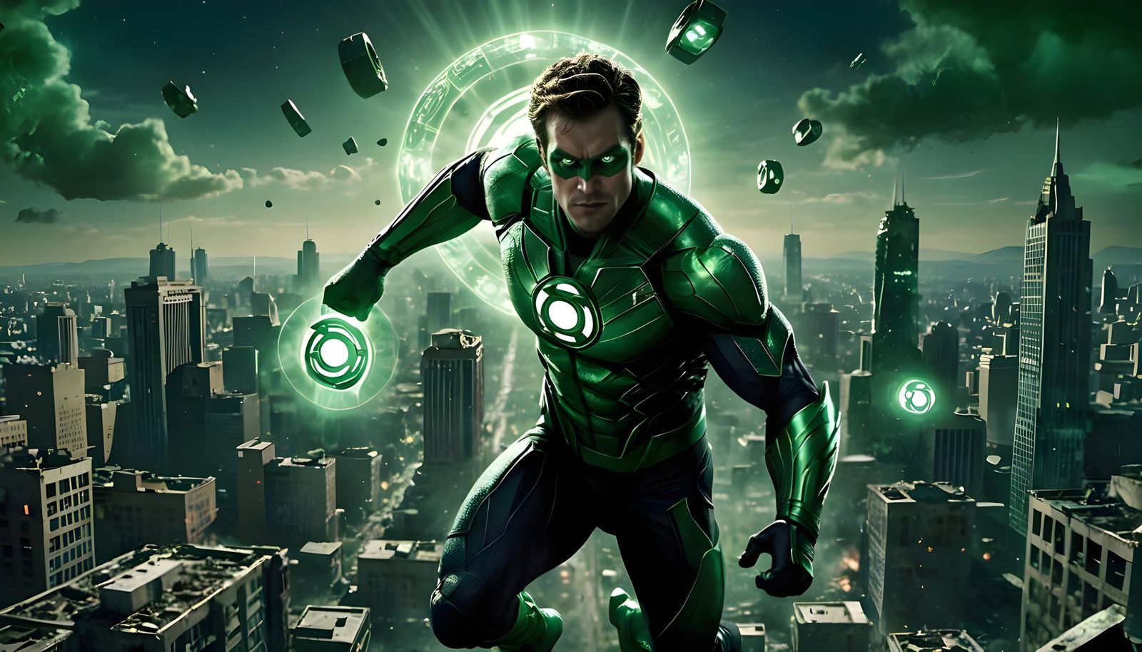 Green Lantern in Heroic Pose Over Destroyed City