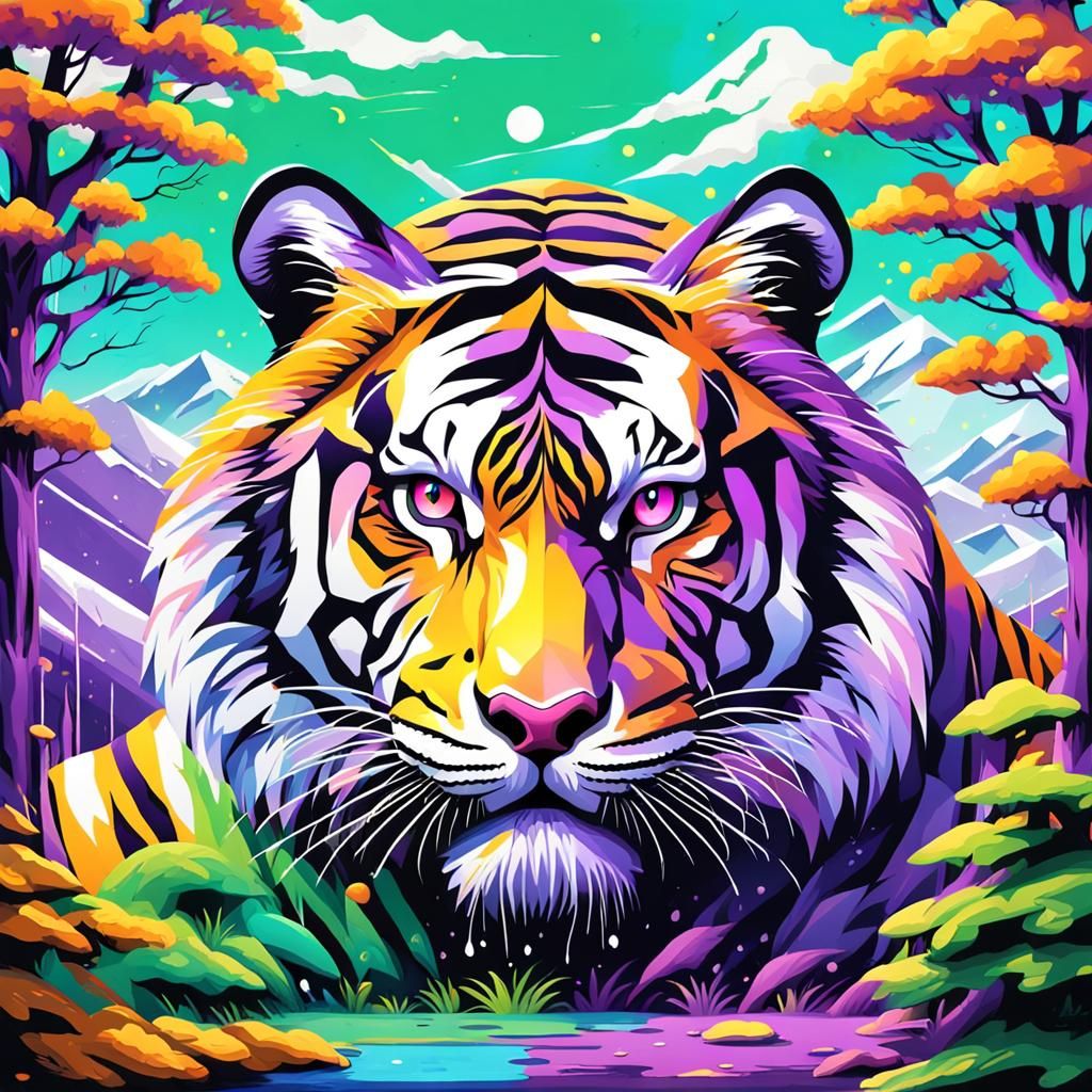 Colorful Purple Tiger Graffiti Art in Mountains