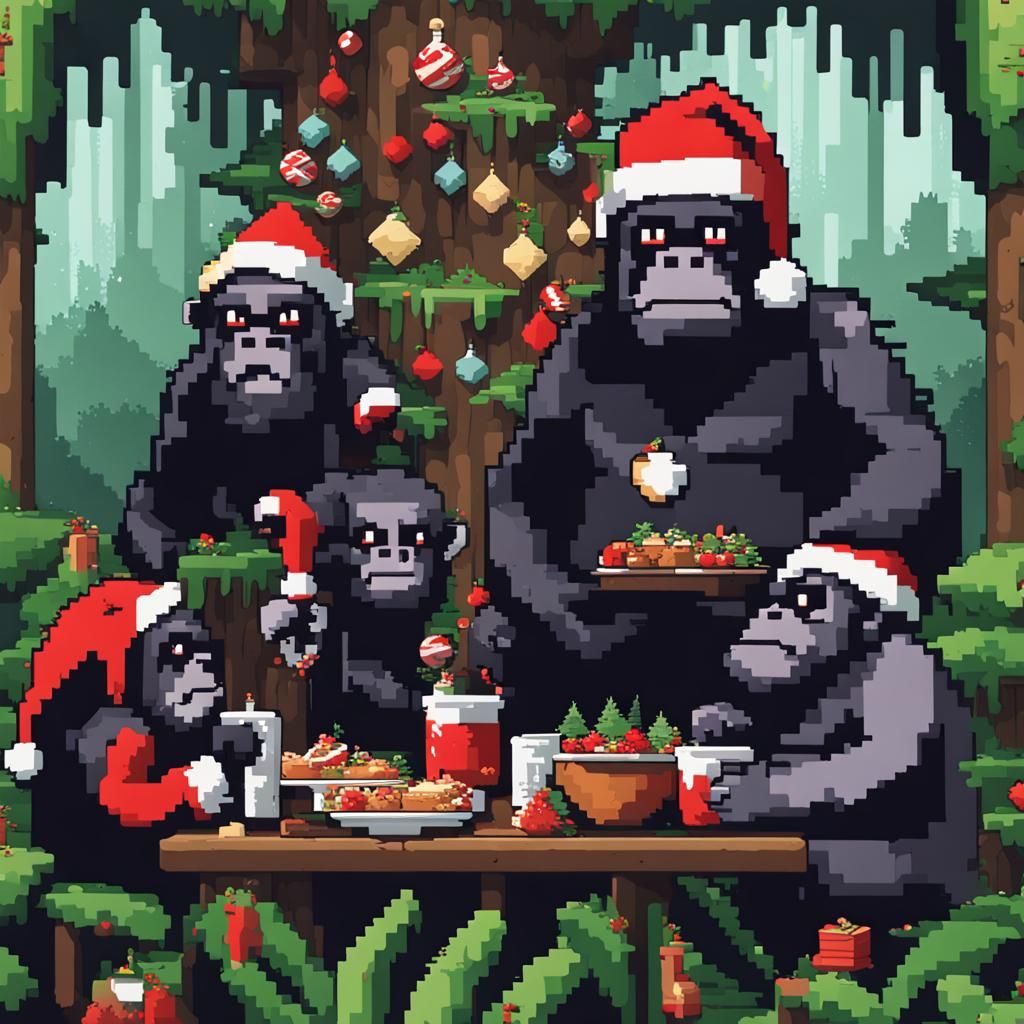 Gothic Pixelated Gorillas Celebrate Christmas