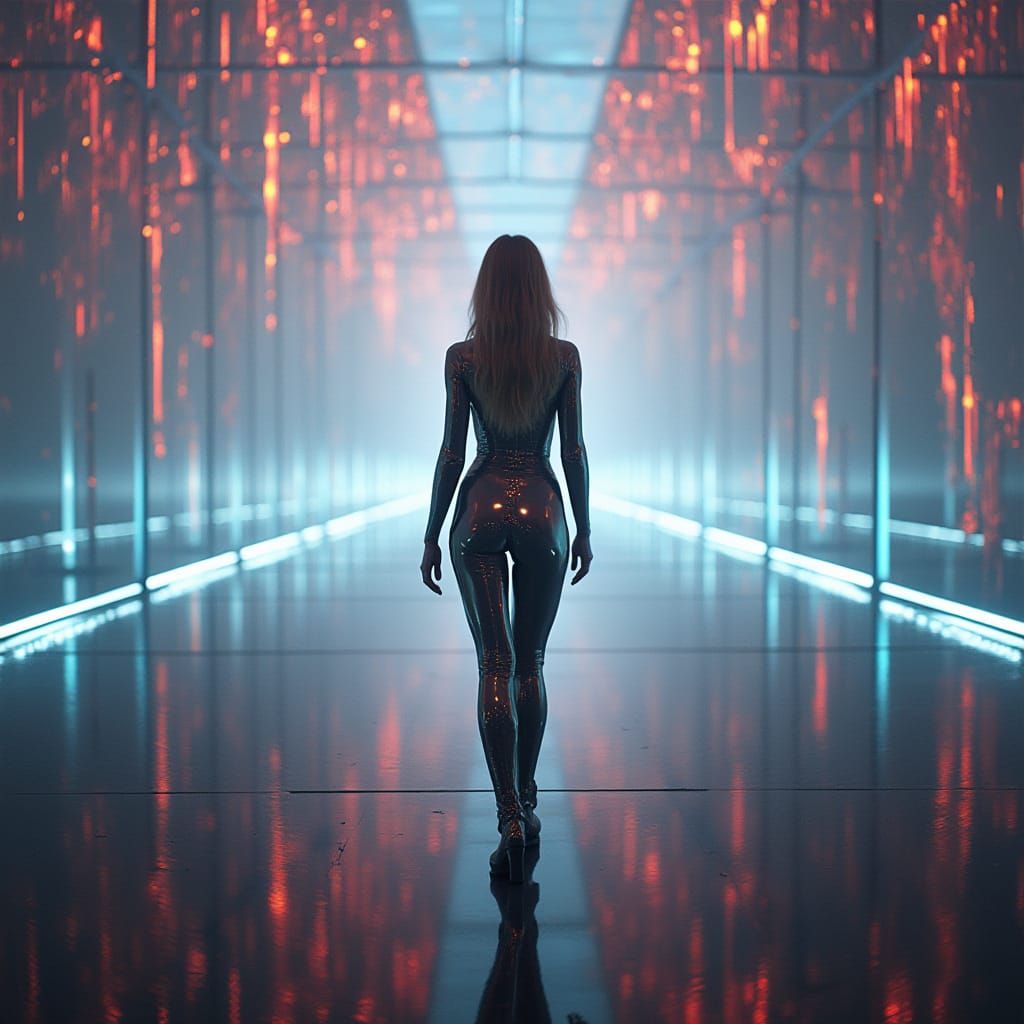 Futuristic Woman in Mirrored Hall of Refracted Light