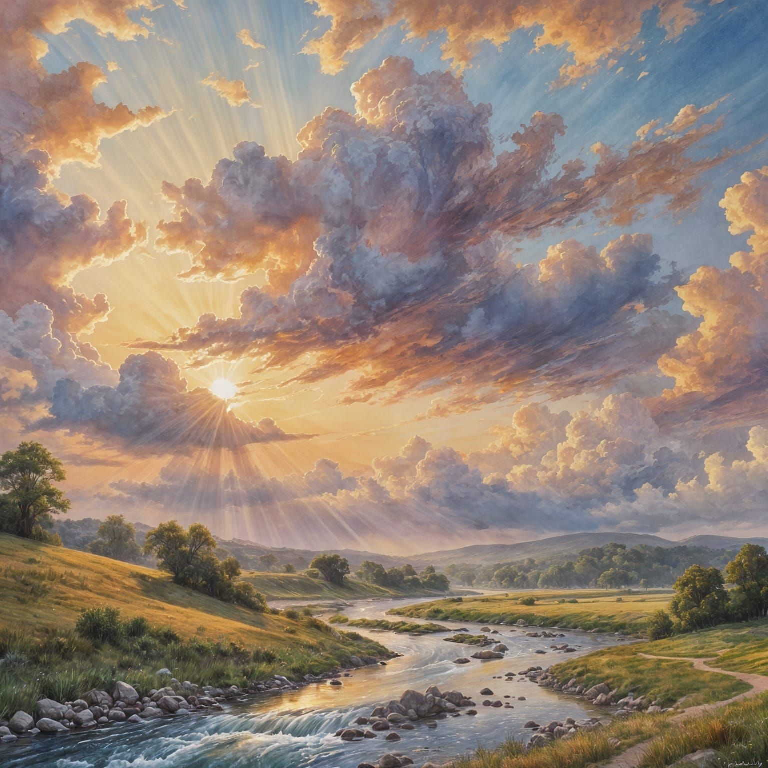 Etheric River Spirals to Clouds: Watercolor Painting