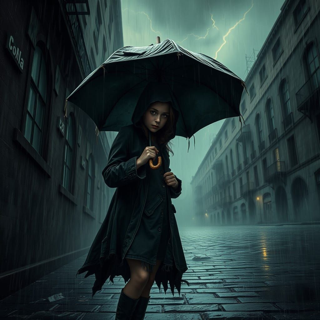 Young Girl Bravely Holds Umbrella Against Tempest in Dark, F...