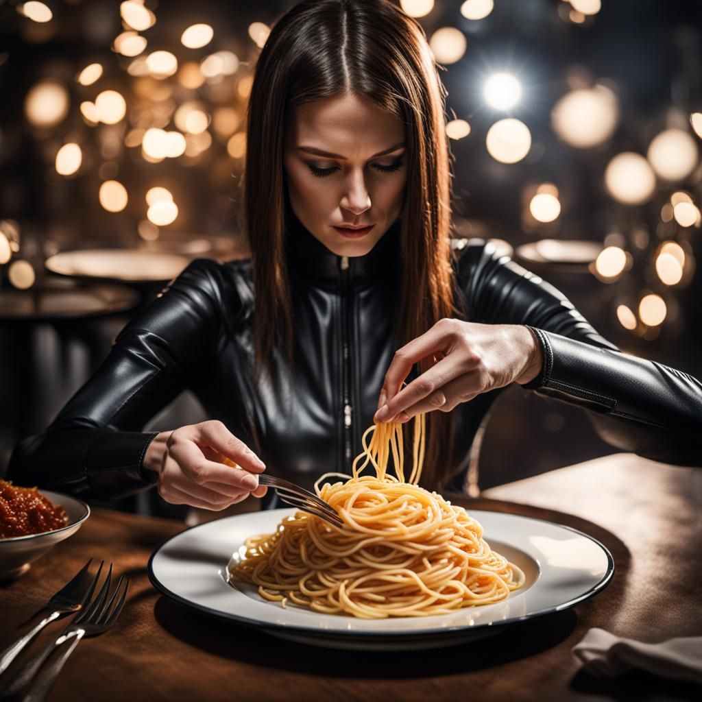 Woman in Leather Catsuit with Spaghetti, Bokeh Lighting