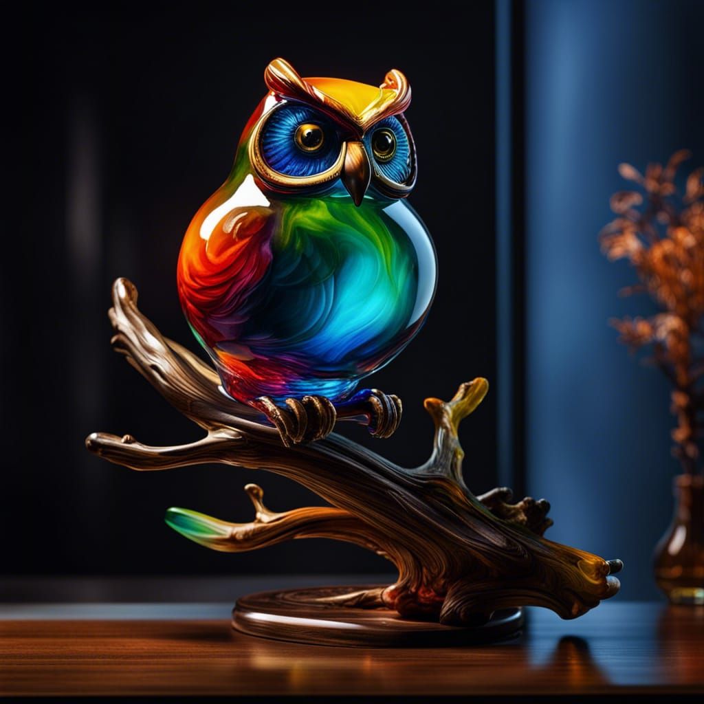 Blown-Glass Owl: Hyperrealistic Splash Art