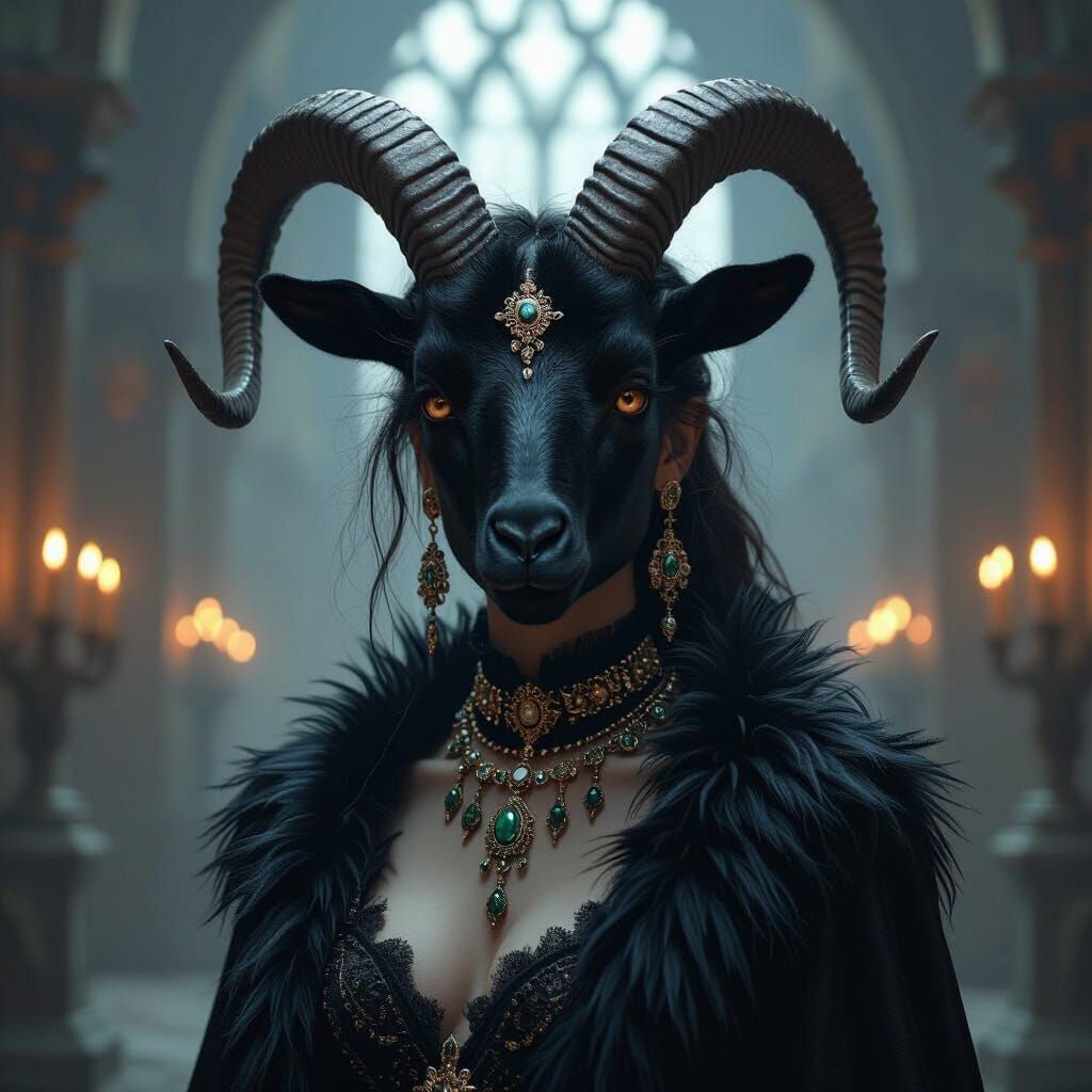 Goat-Headed Woman in Baroque Castle, Dark Fantasy