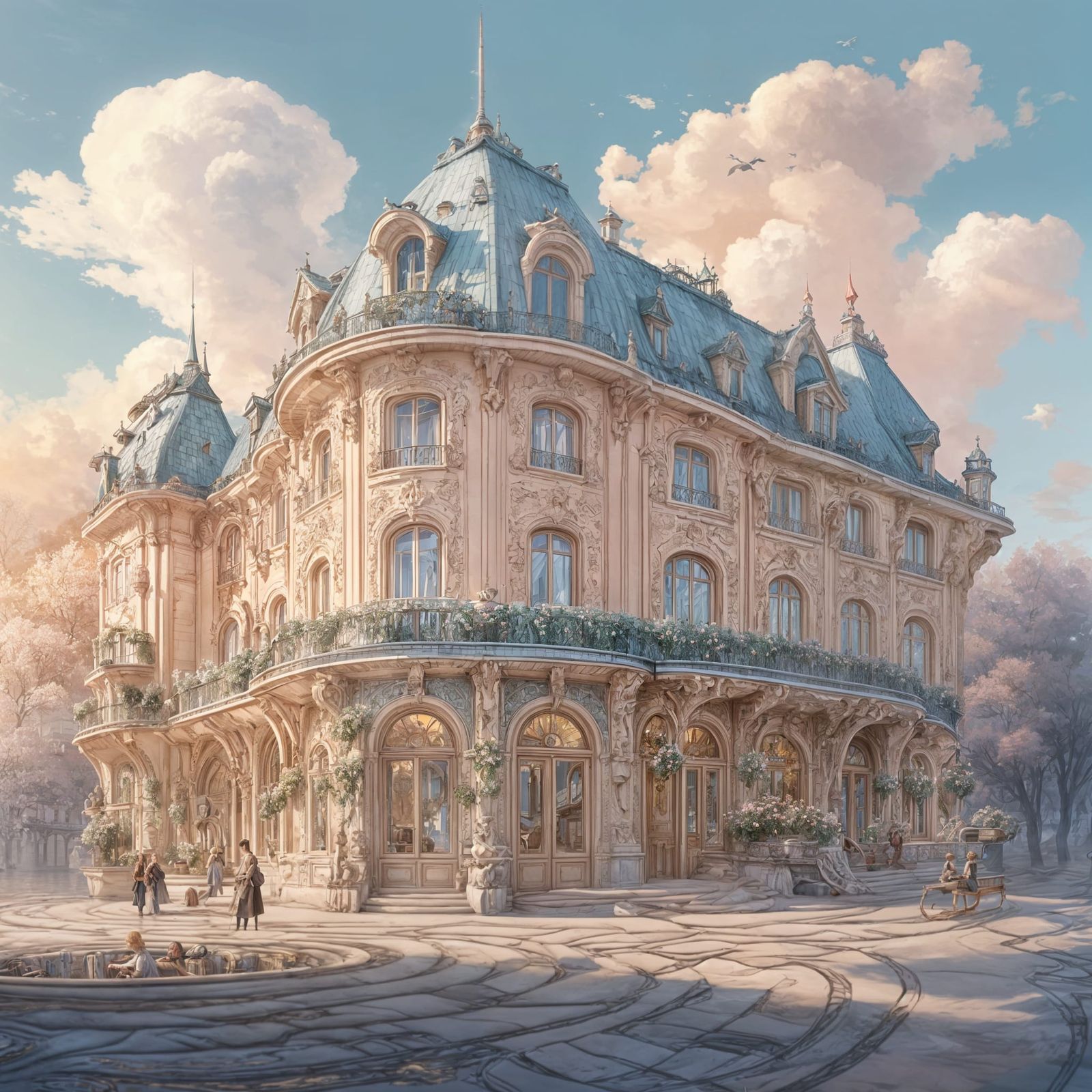 Whimsical Belle Epoque Train Station in a Cloudy Sky