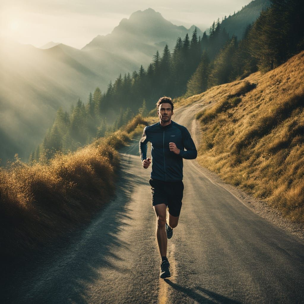 Sunrise Jog: Cinematic Film Still on Mountain Road