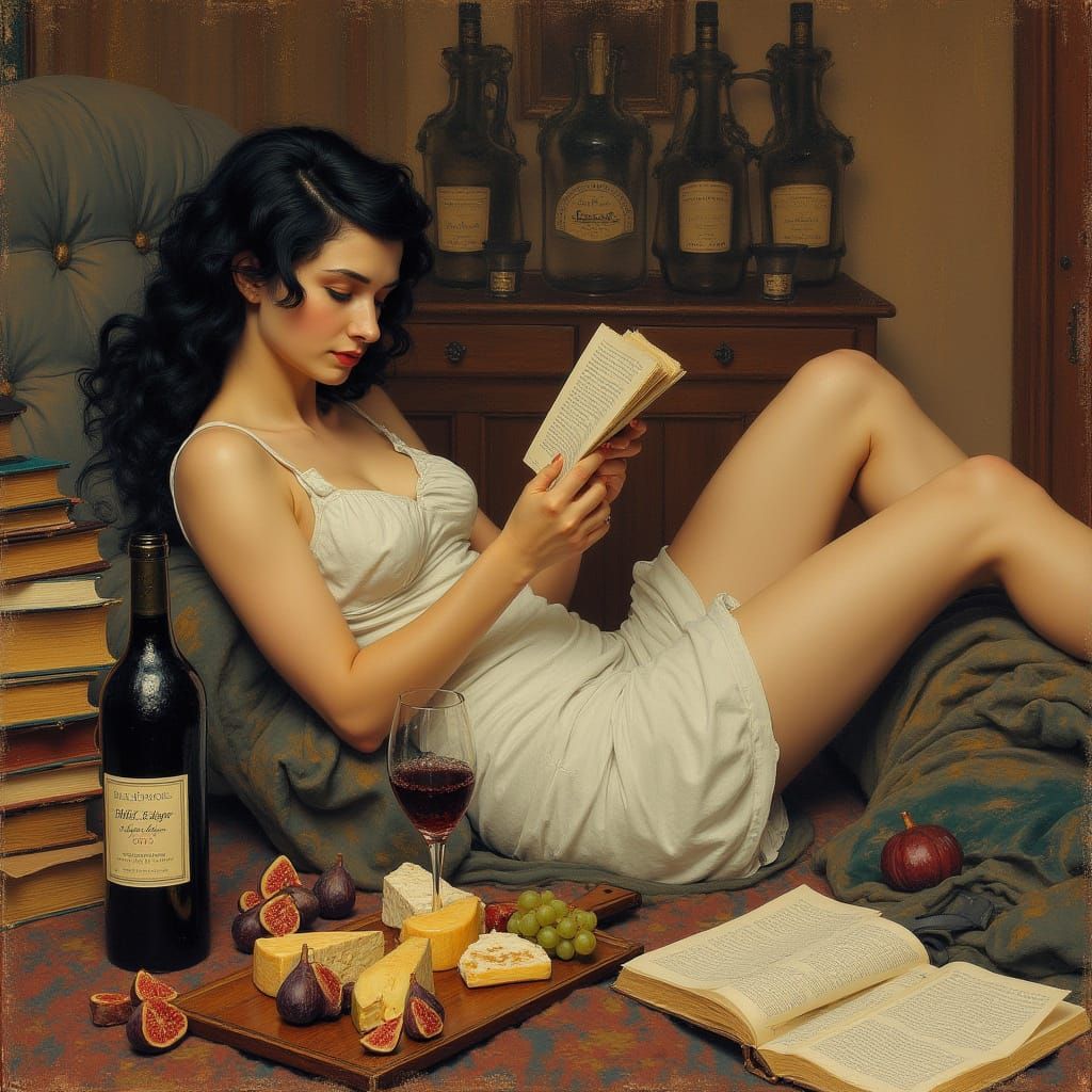 Woman in Elegant Study with Wine and Cheese