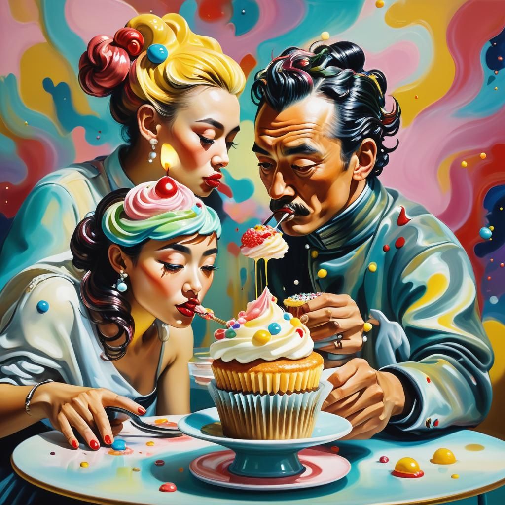 Surreal Boba Couple Enjoying Cupcakes as Oil Painting