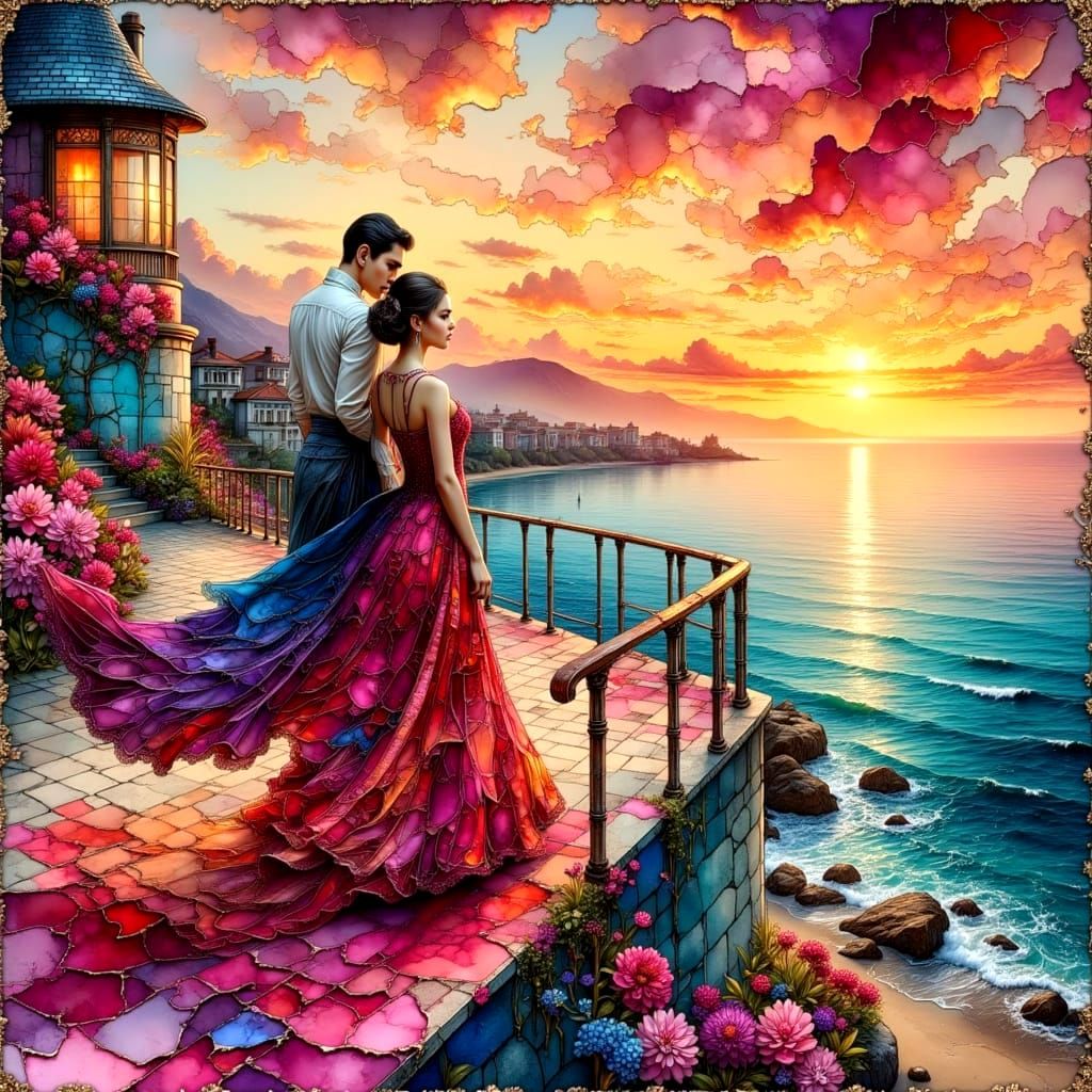 Rooftop Dance: Beach View in Metallic Pastels