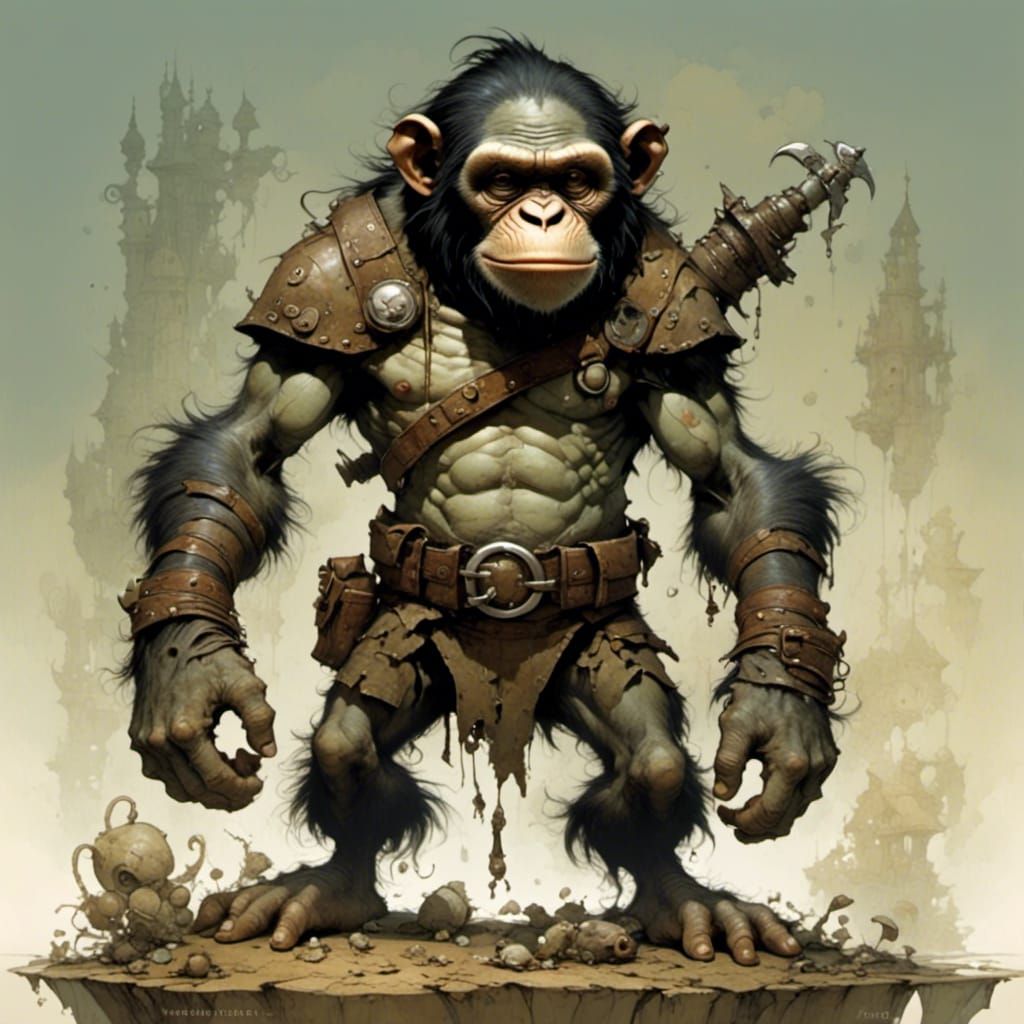 Goblin Chimp Hybrid Warrior in a Whimsical Cyberpunk Aesthet...