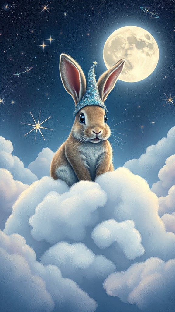 Moonlit Rabbit on Cloud in Dreamy Cosmic Scene