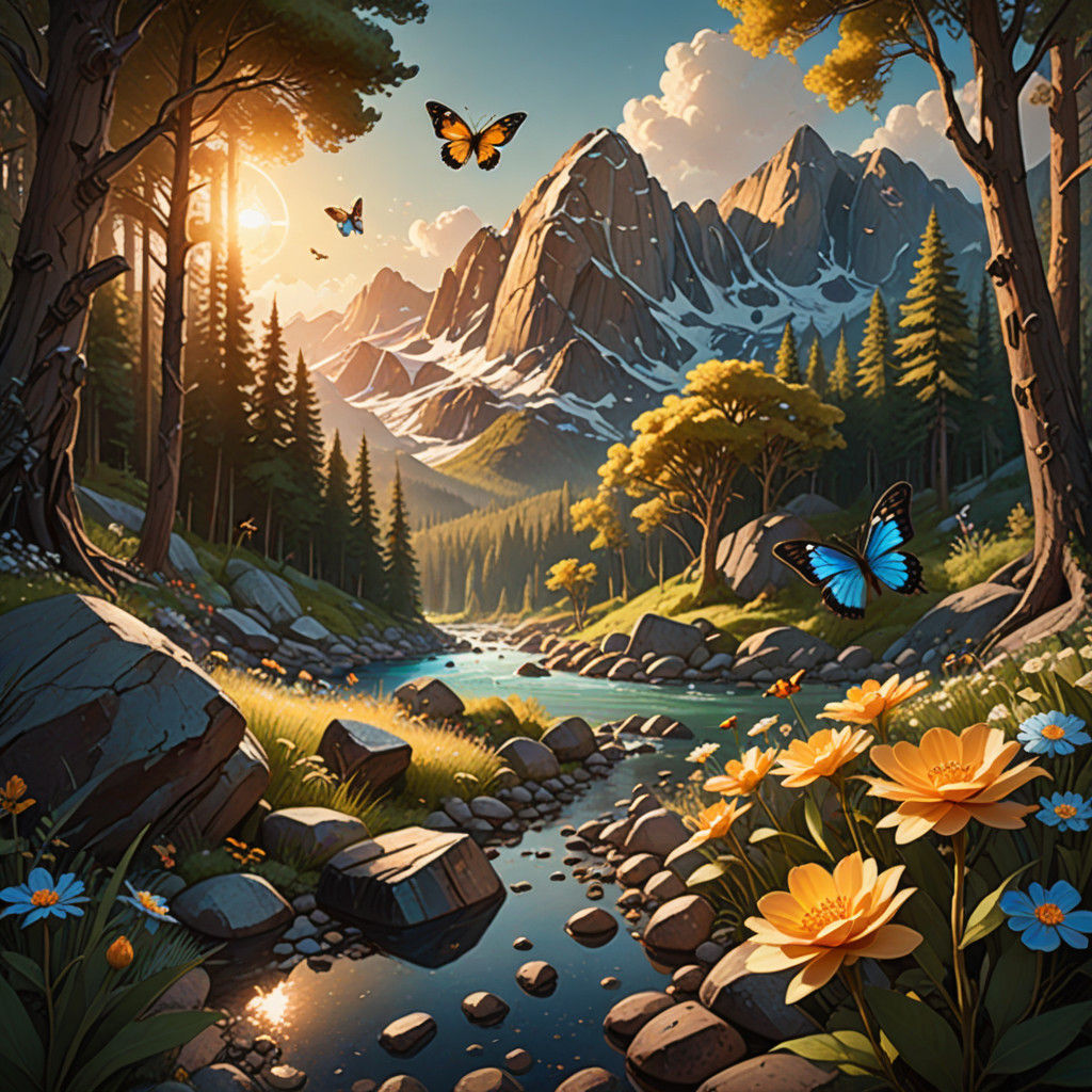 Gemstone Fantasy Landscape in Vibrant, Detailed Style