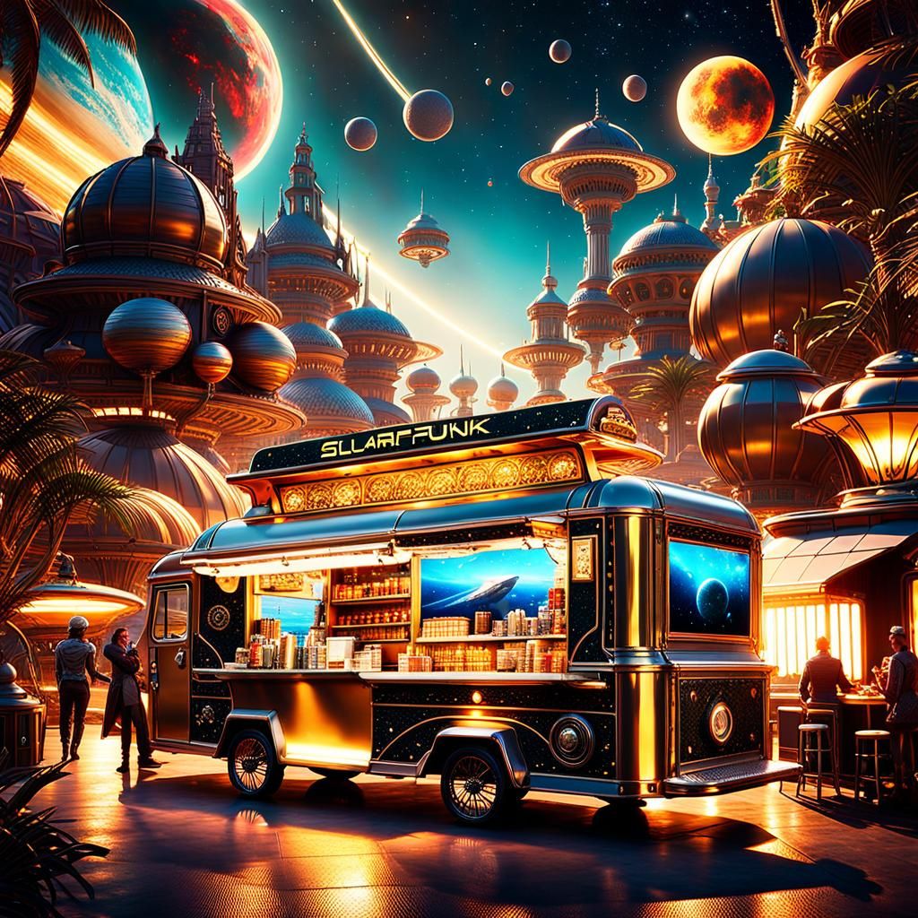 Futuristic Solarpunk Food Truck in Alien City