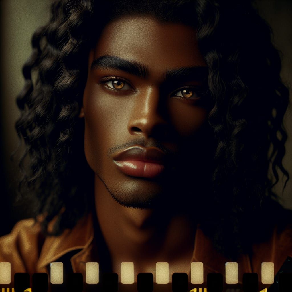 African American, black man, long black curly hair, gold eye...