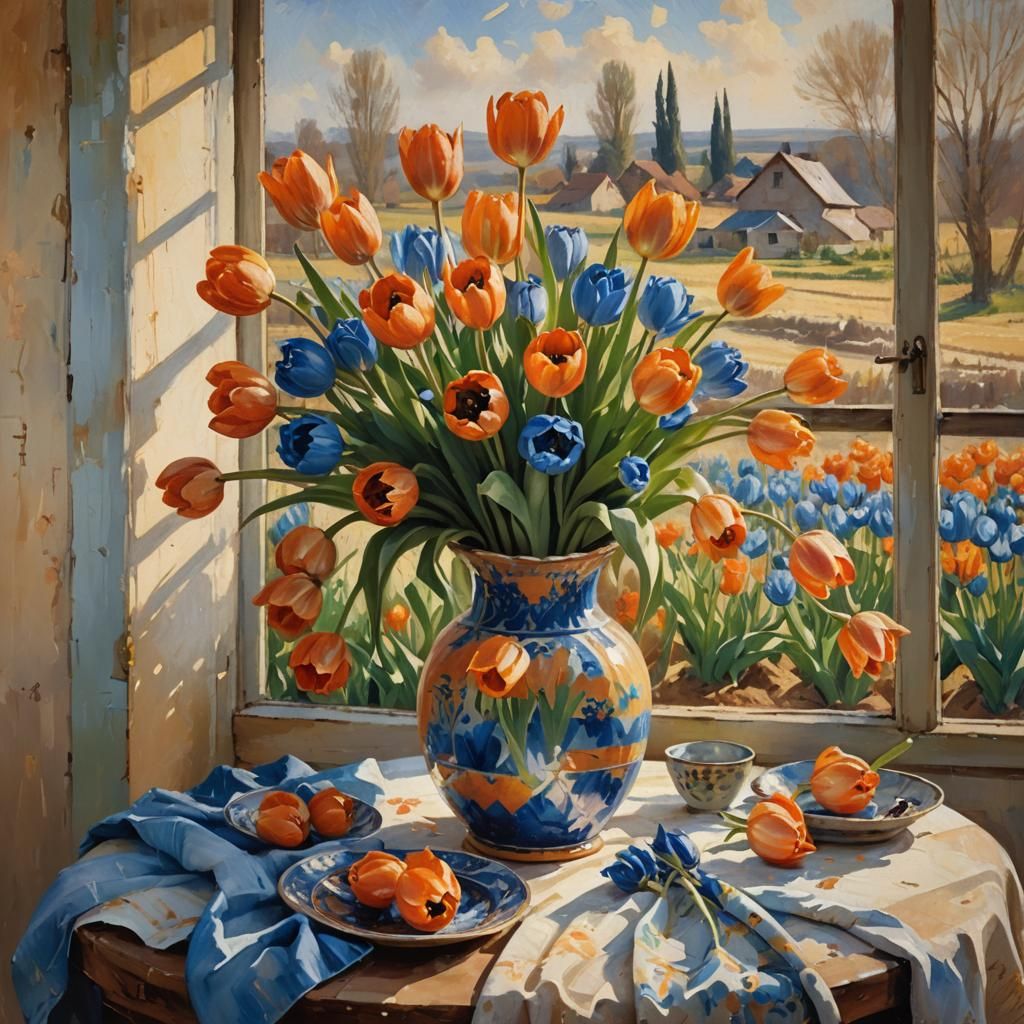 Impressionist Blue Tulips in Orange Vase Still Life