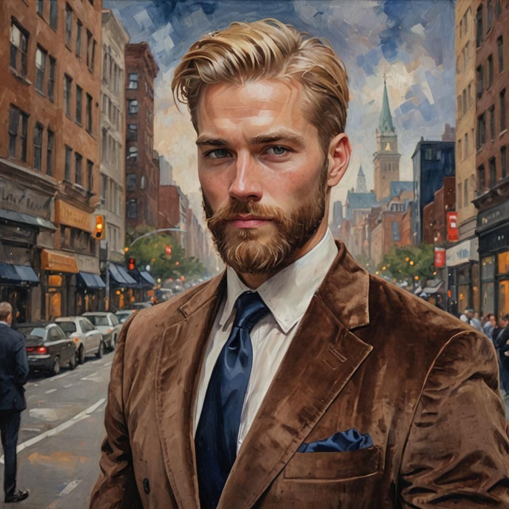 Elegant Man in Velvet Suit, Impressionist Street Art