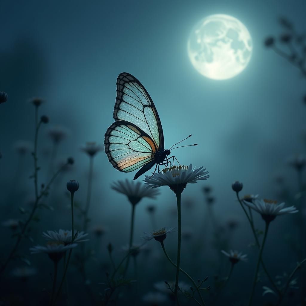 Iridescent Butterfly in Misty Moonlight Night
