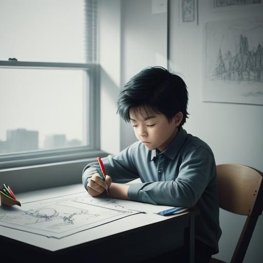 Boy Drawing with Crayons: Cinematic Film Still