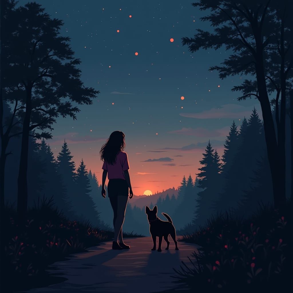 Calm Twilight Forest Stroll with Faithful Companion
