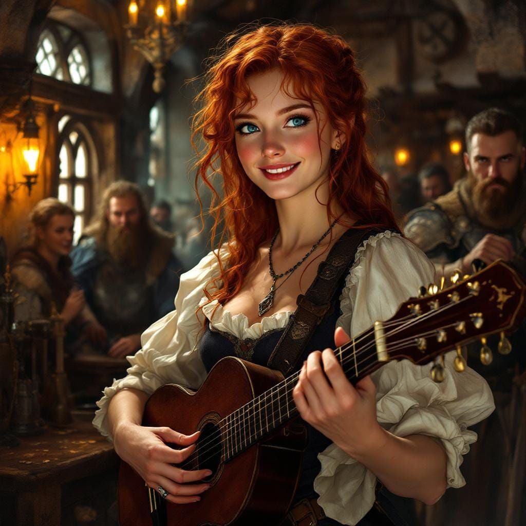 Redhead Bard Plays Zither in Medieval Inn