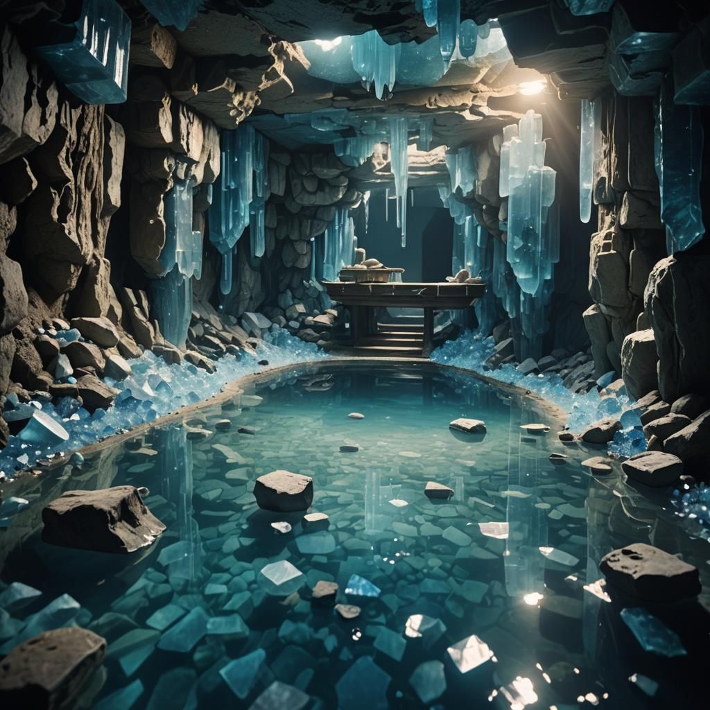Underground Chamber with Blue Crystals: Cinematic Still