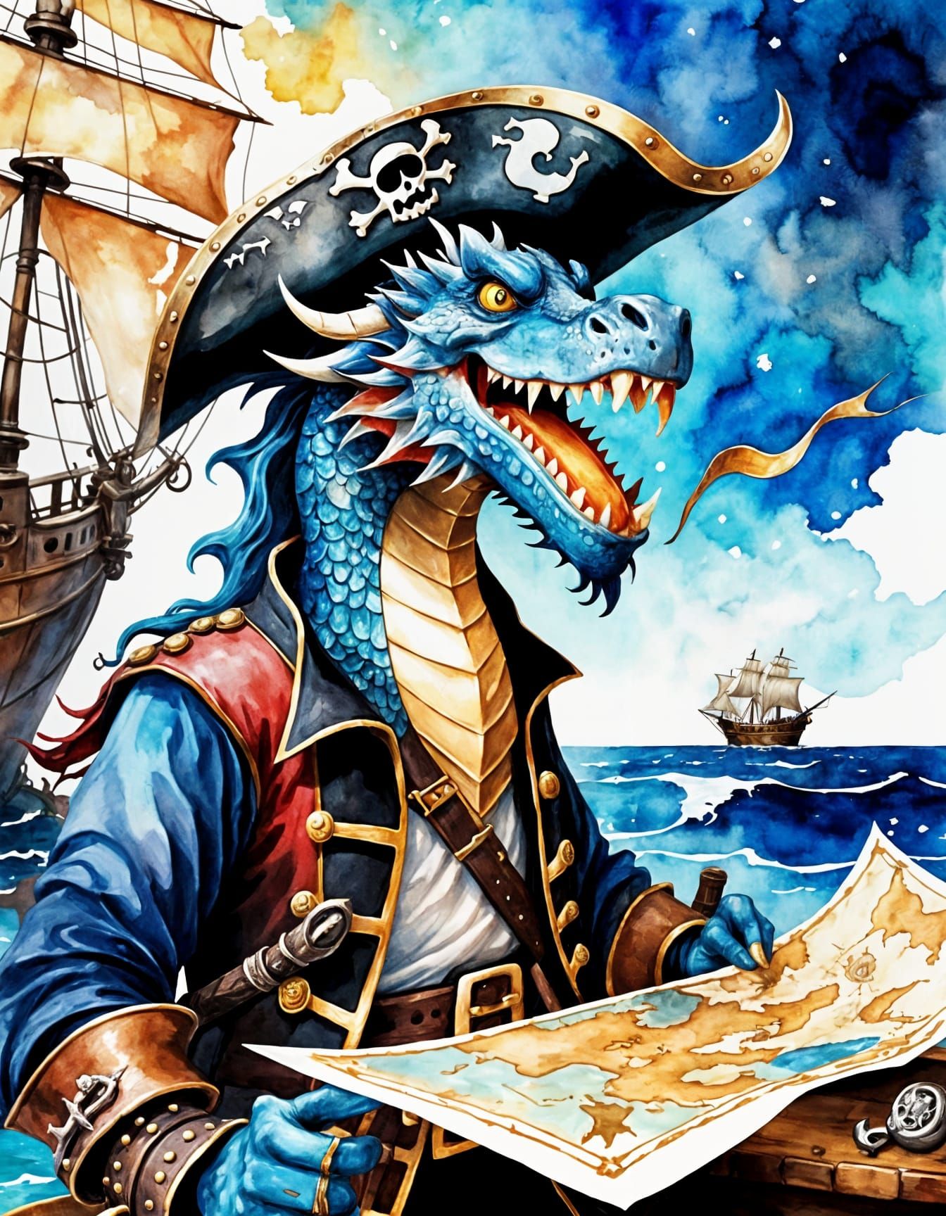 Pirate Dragon Close-Up in Watercolor Style
