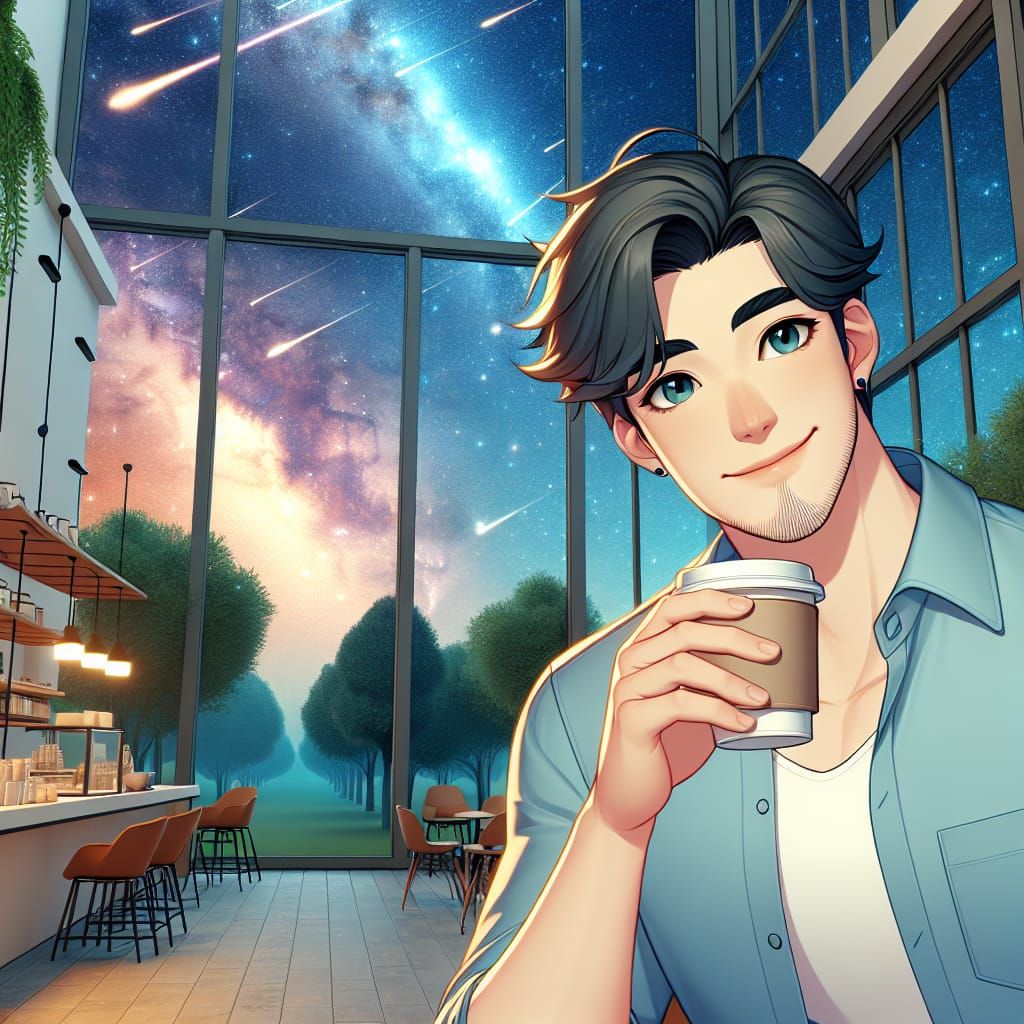 A Disney Pixar style 3D scene featuring a handsome man drink...