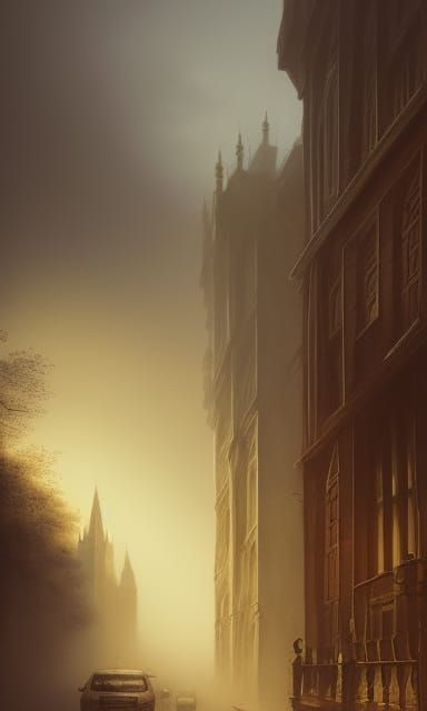 Foggy London Scene in Detailed Maximalist Style