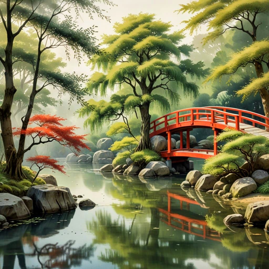 A Serene Japanese Garden with Weeping Willow Tree