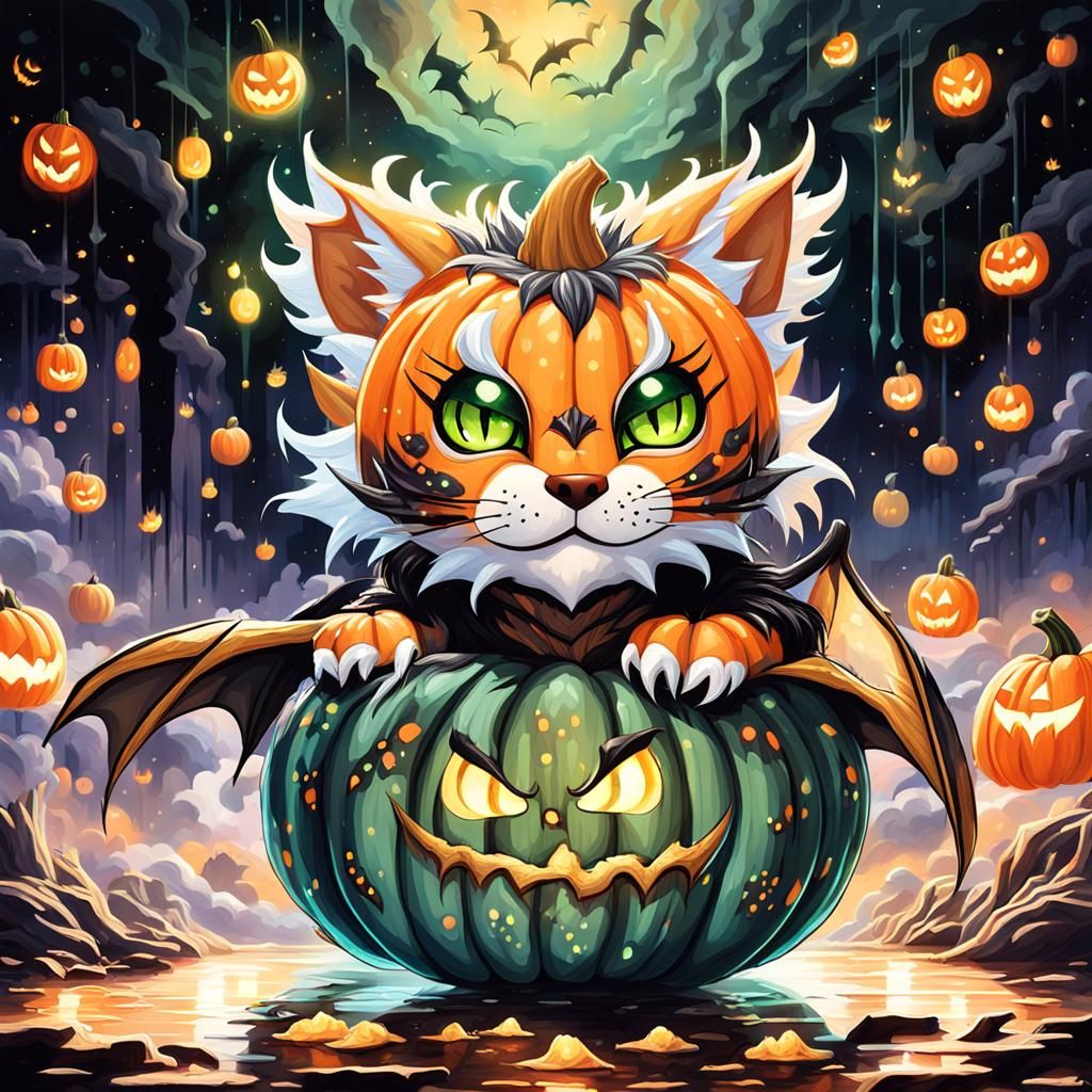 Dragon-Cat Hybrid on Pumpkin in Dark Fantasy Oil Painting