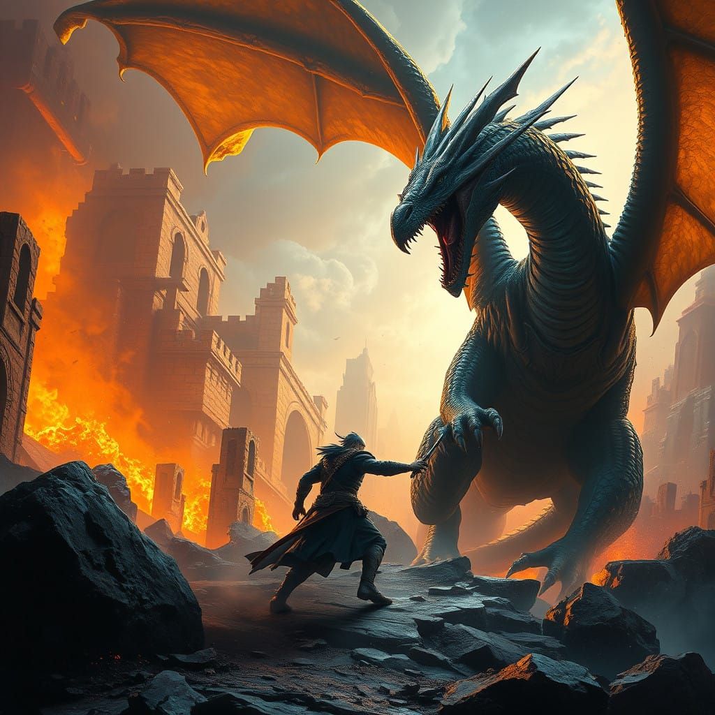 Epic Warrior Battles Ancient Dragon in Golden Ruins