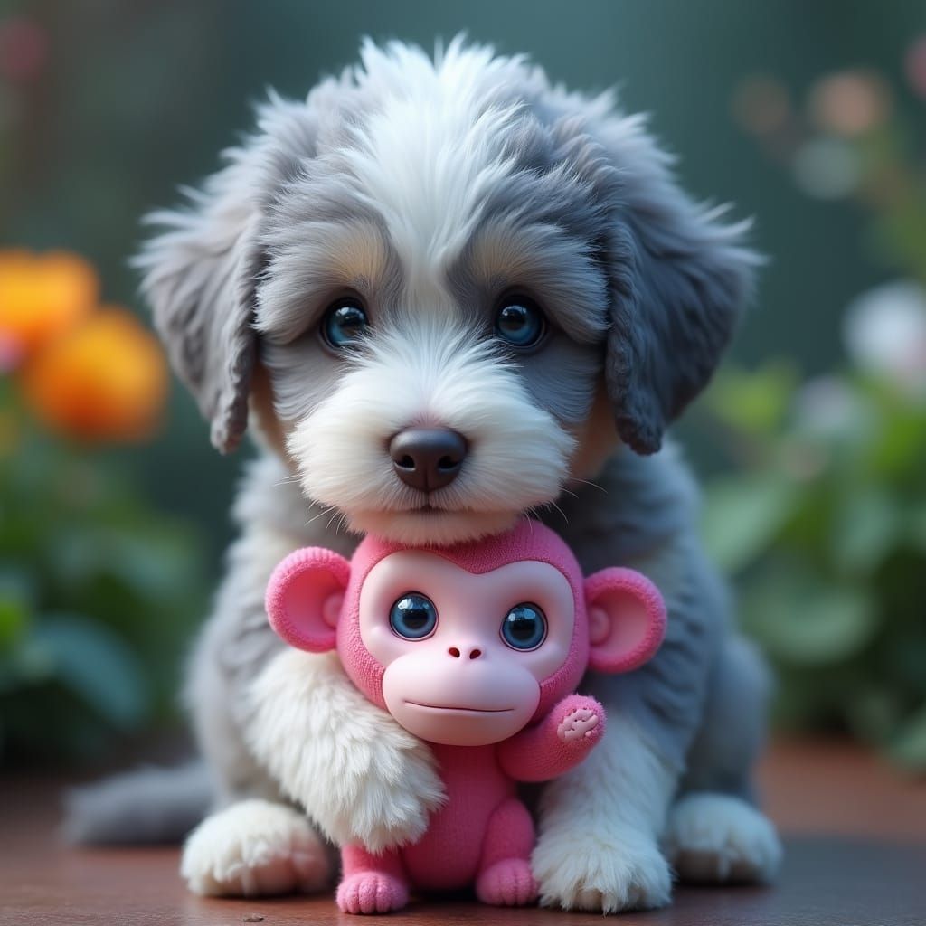 Gentle Aussiedoodle Puppy Cradles Pink Monkey in Concept Art...