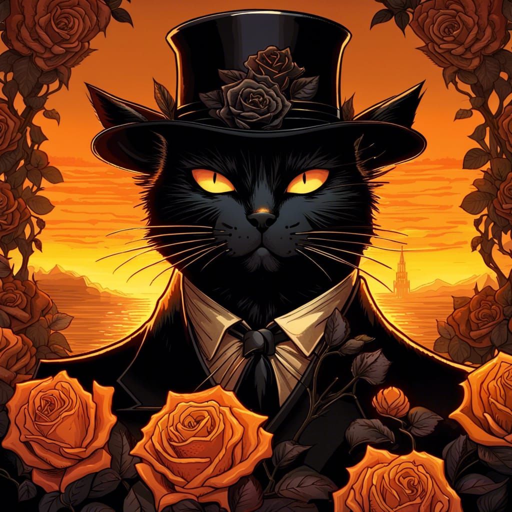 Gothic Black Cat in Suit Under Sunset