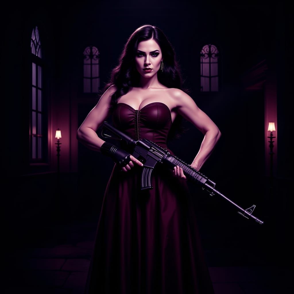Elegant Lady with Rifle Before Victorian Mansion