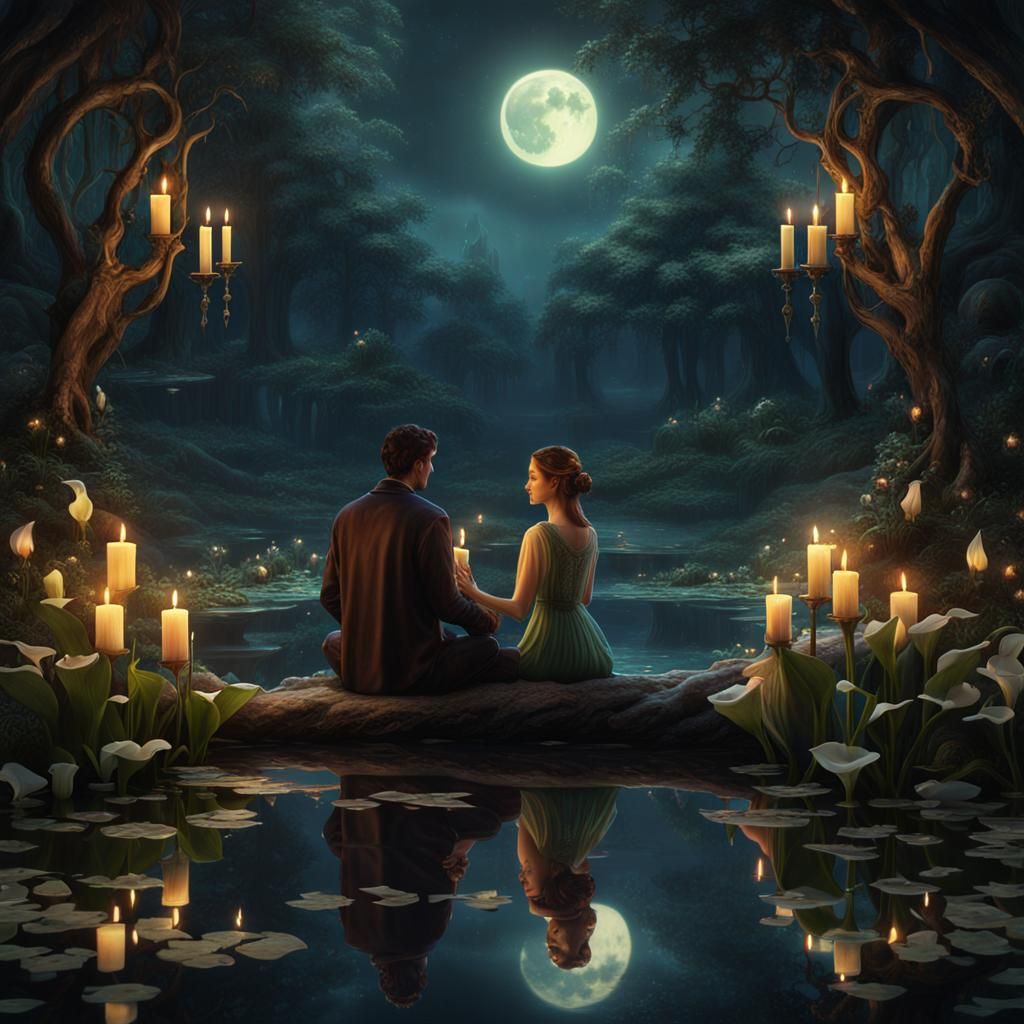 Enchanted Forest: Lovers by Moonlit Pond
