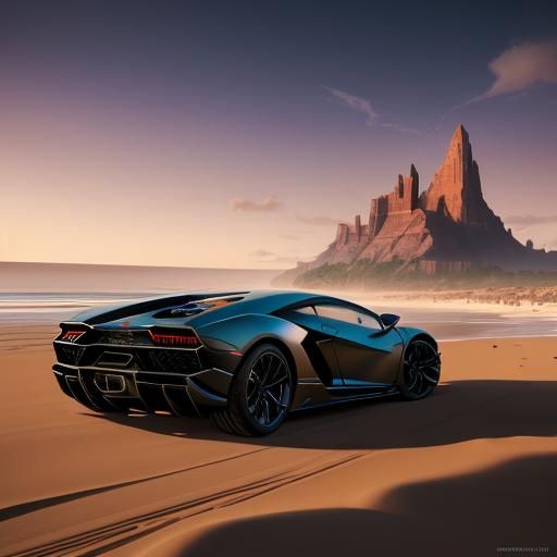 Lamborghini on Beach at Dawn in Digital Matte Painting
