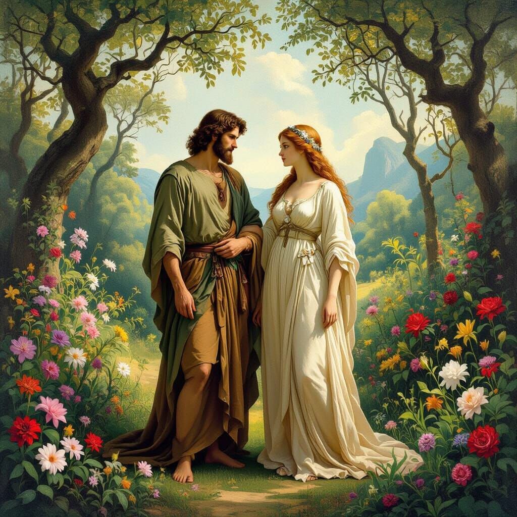 Adam and Eve in Vibrant Garden, Goya Style