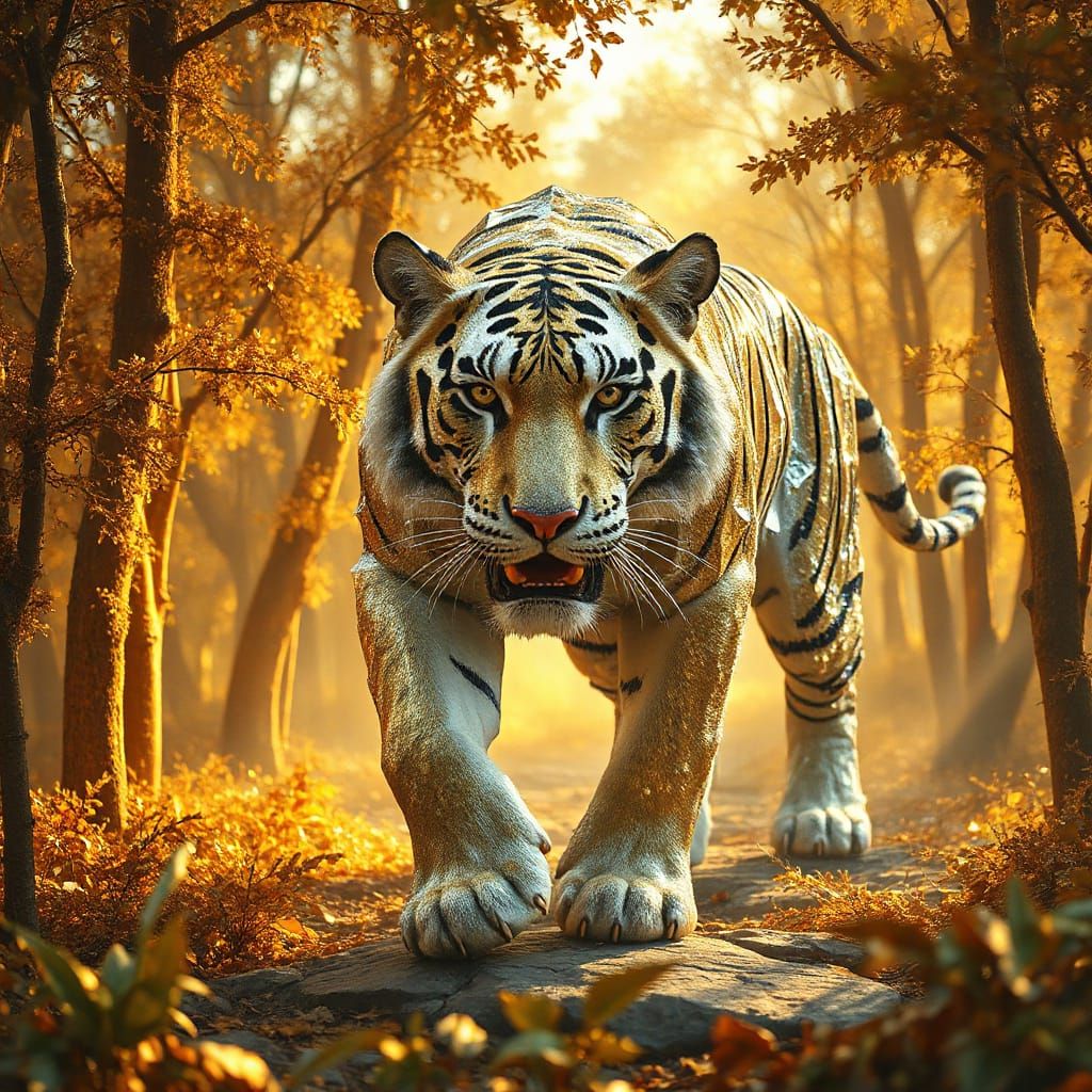 Diamond Tiger in Golden Forest: Hyperrealistic Digital Art