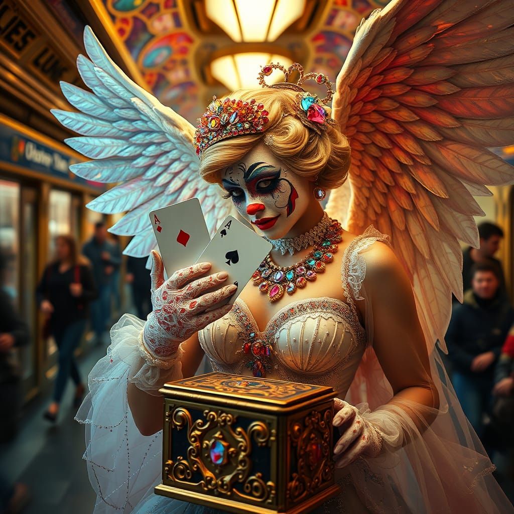 Clown Angel Shuffles Cards in Klimt Subway