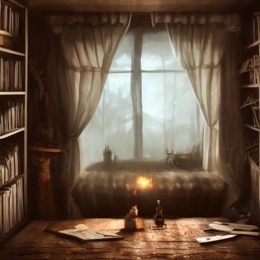 Dark Fantasy Rainy Night Study Scene