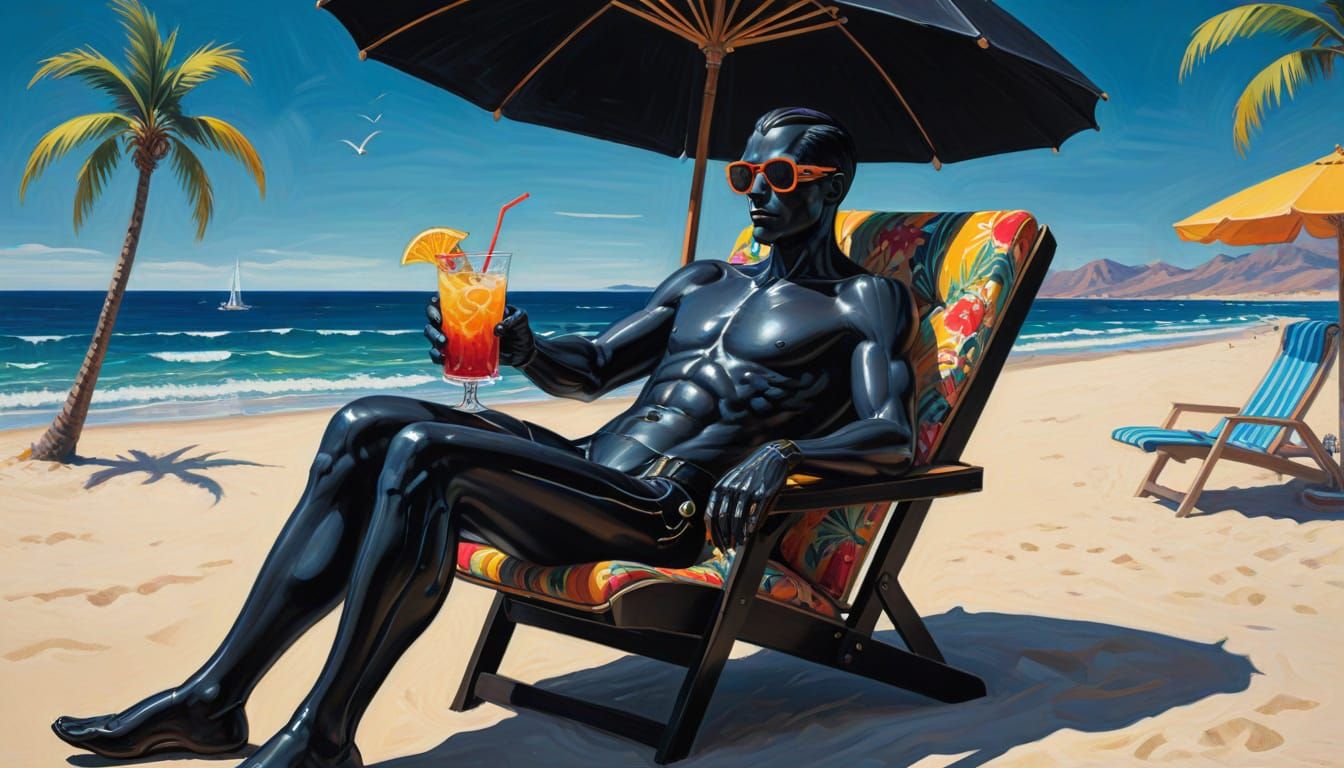Cyberpunk Man Enjoys Beach Cocktail in Vibrant Neon Style