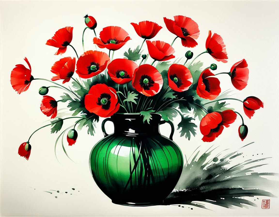 Poppies in Vase, Chinese Ink Painting