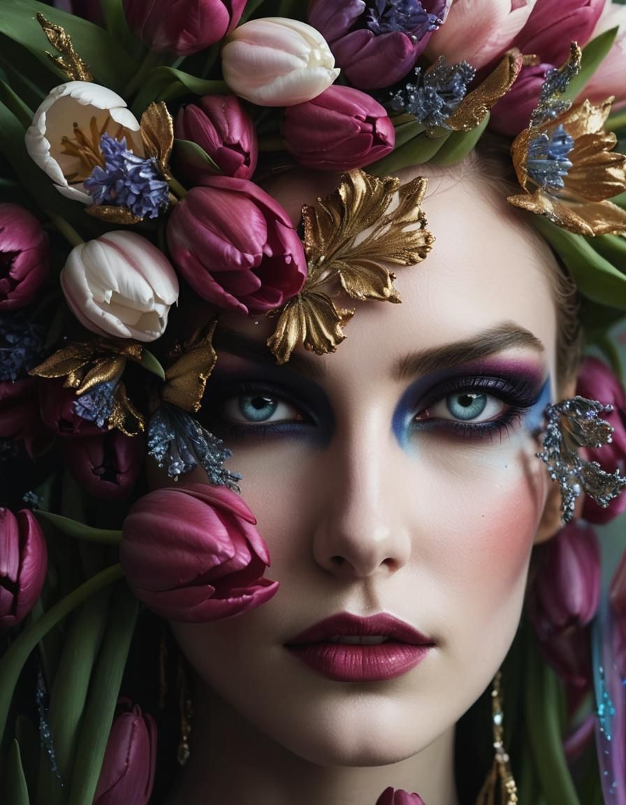 Woman with Colorful Makeup and Tulips, Fantasy Photography