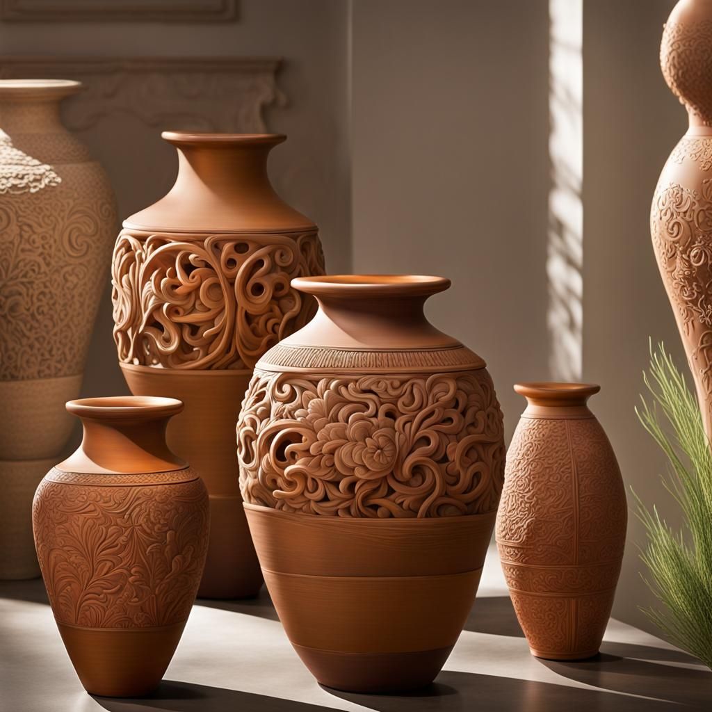 Vibrant Ancient Clay Pots in Gallery Setting