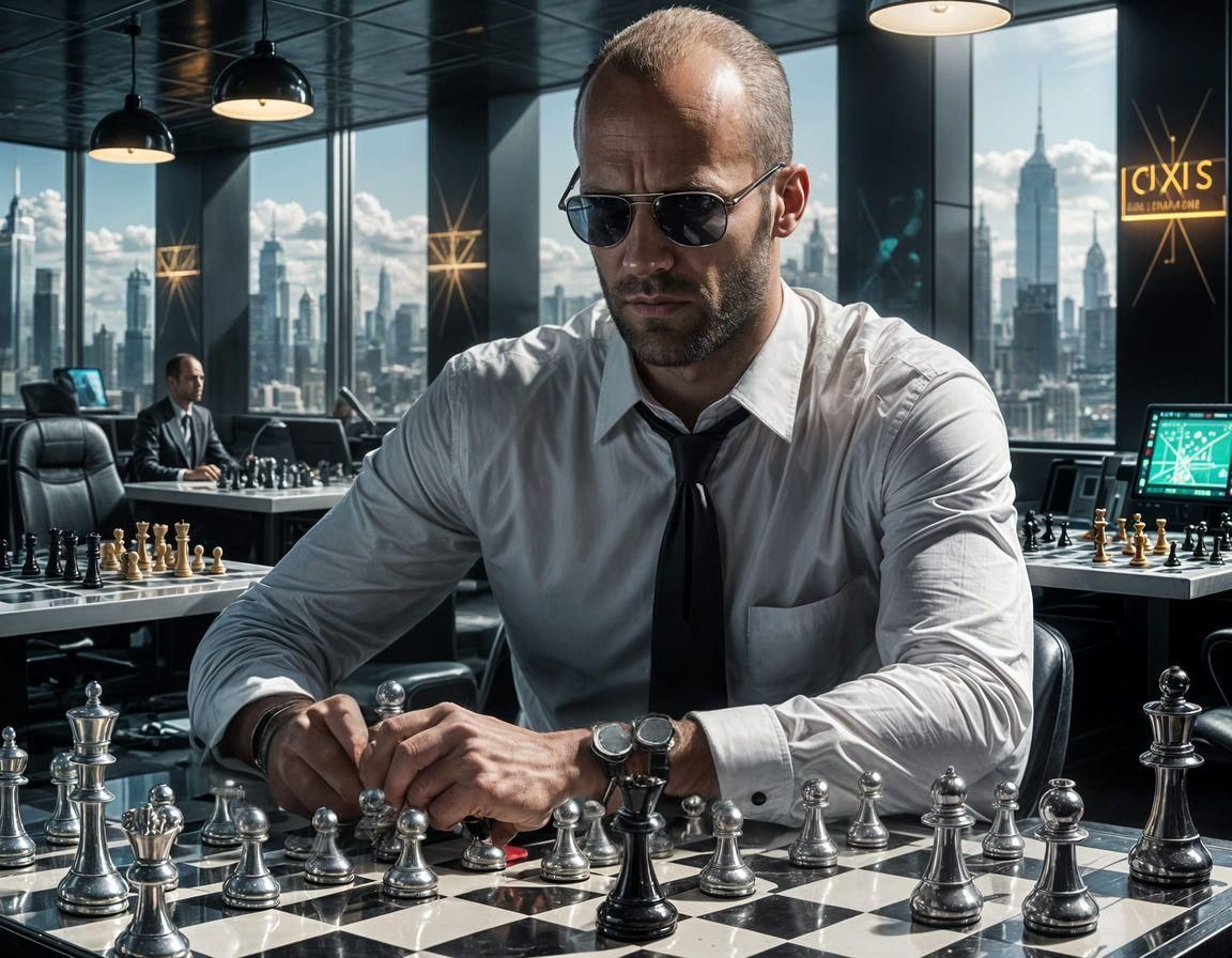 Young Man Plays Chess in Cyberpunk Office