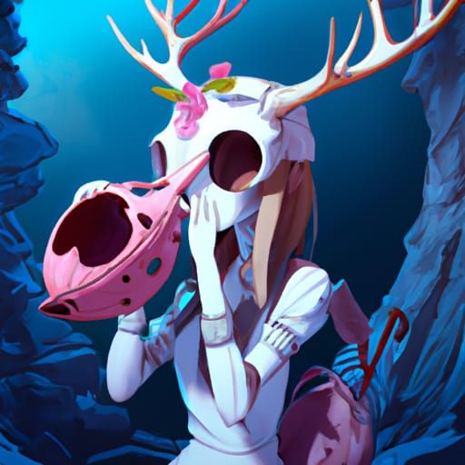 Skeleton Archer Girl with Deer Skull Mask, Ghibli-esque