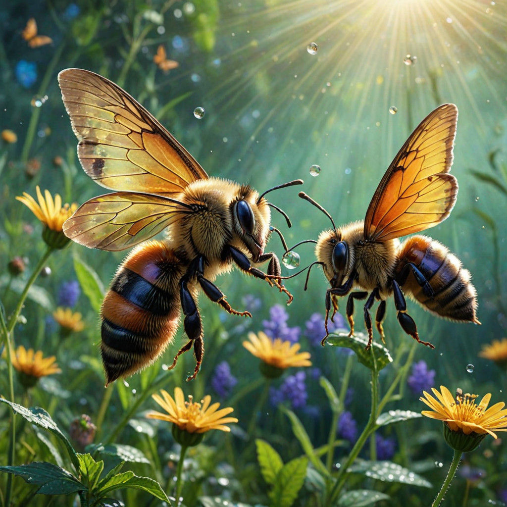 Impressionist Bee and Butterfly Embracing in a Lush Meadow